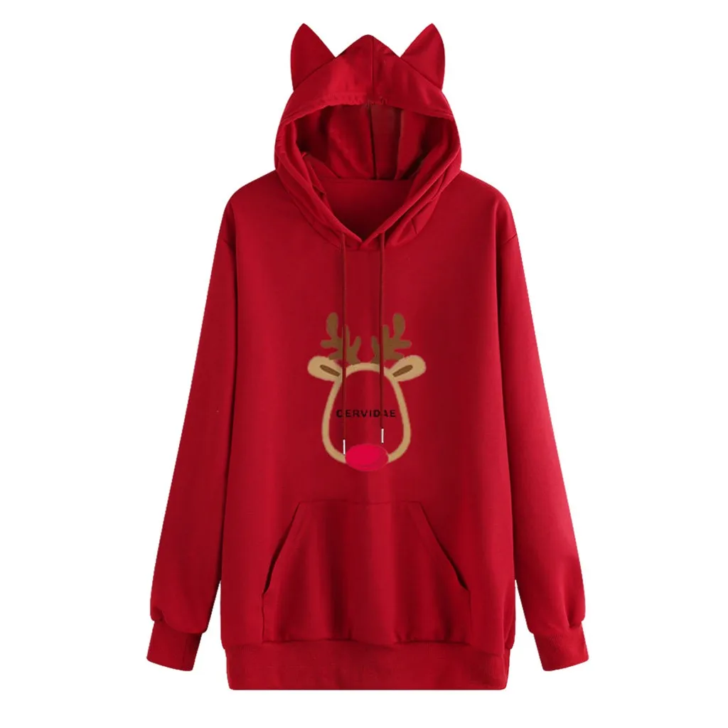 Рождественская рубашка с кошачьими ушками и оленями, свитшот с буквенным принтом, топы для женщин, толстовка с изображением животного, спортивная одежда A21