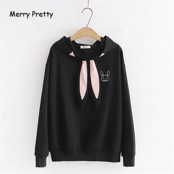

Merry Pretty Women's Cartoon Embroidery Harajuku Hooded Sweatshirts 2019 Winter Long Sleeve Rabbit ear Patchwork Korean Hoodies