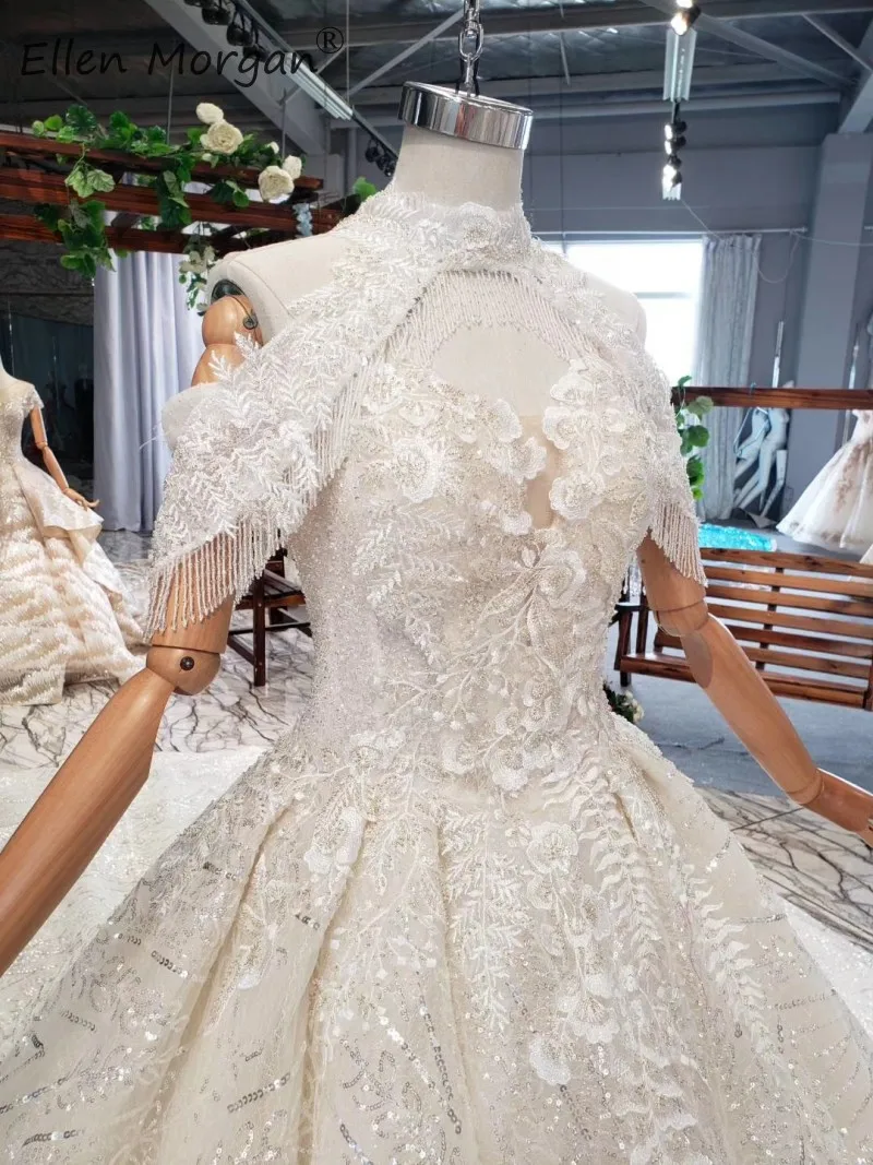 Арабский Vestido De Novia кружевные свадебные платья винтажные с аппликацией на высоком вороте шлейф Длинные свадебные бальные платья для женщин Свадебные