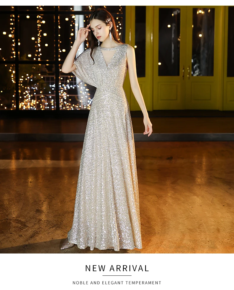 

Silver Evening Dresses V-Neck Ankle-Length Sequins Long Formal Elegant 2020New Fashion Prom Party Dress