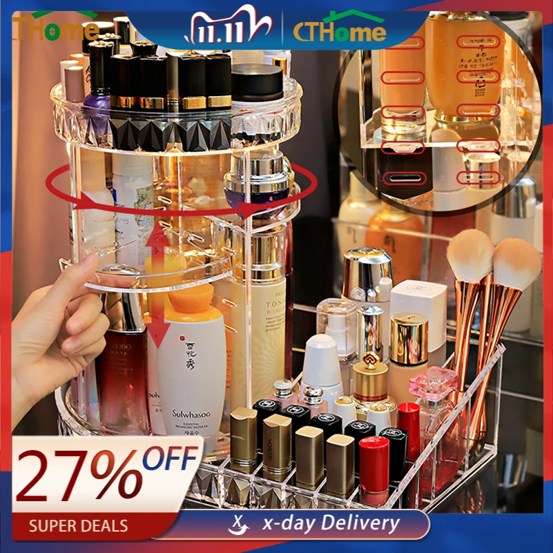 360 Degree Rotation Transparent Acrylic Cosmetics Storage Box Fashion Spin Multi-function Detachable Makeup Beauty Organizer | Дом и сад