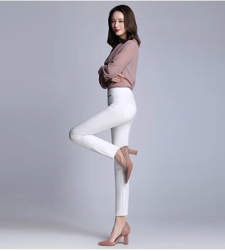 Pantalon, большие женские брюки, высокая эластичность, OL, для девушек, для офиса, для работы, узкие брюки, черные, белые, с высокой талией, брюки для женщин, Q162