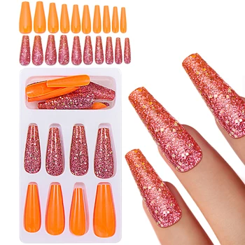 

24Pcs Hit Color False Nail Long French Fake Nails Detachable Ballet Coffin Nail Tips With Rhinestones Press on Nail Art Tool