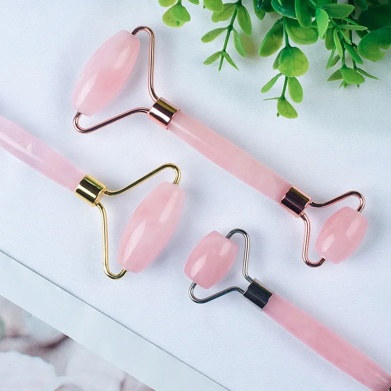 Manufacturers Hot Sales Natural Pink Crystal Rose Gold Double Headed Roller Massage Stick Thin Face Jade Push Face Maker Facial