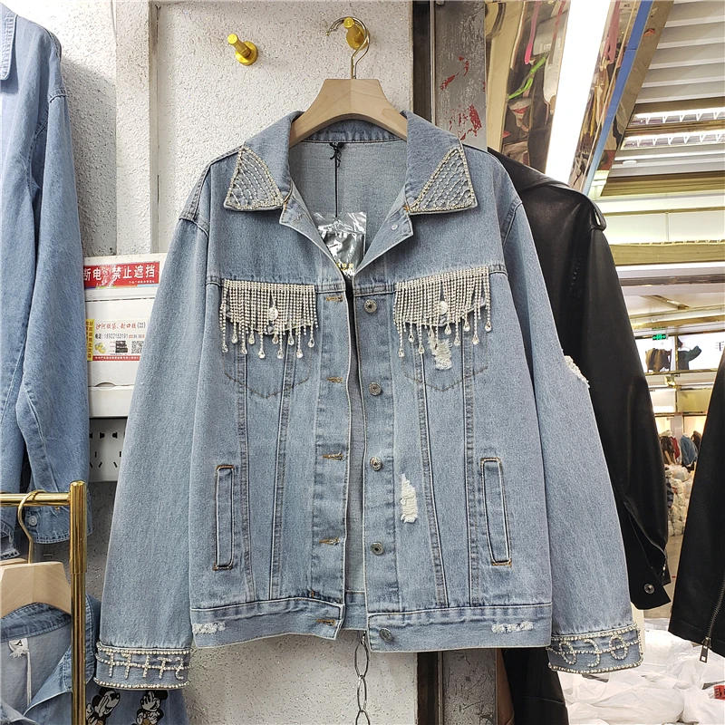 

Hot Style Denim Jacket Woman 2020 Spring New Fashion Heavy Industry Diamond Fringe Loose-Fit Denim Jacket Women's Coats Chaqueta