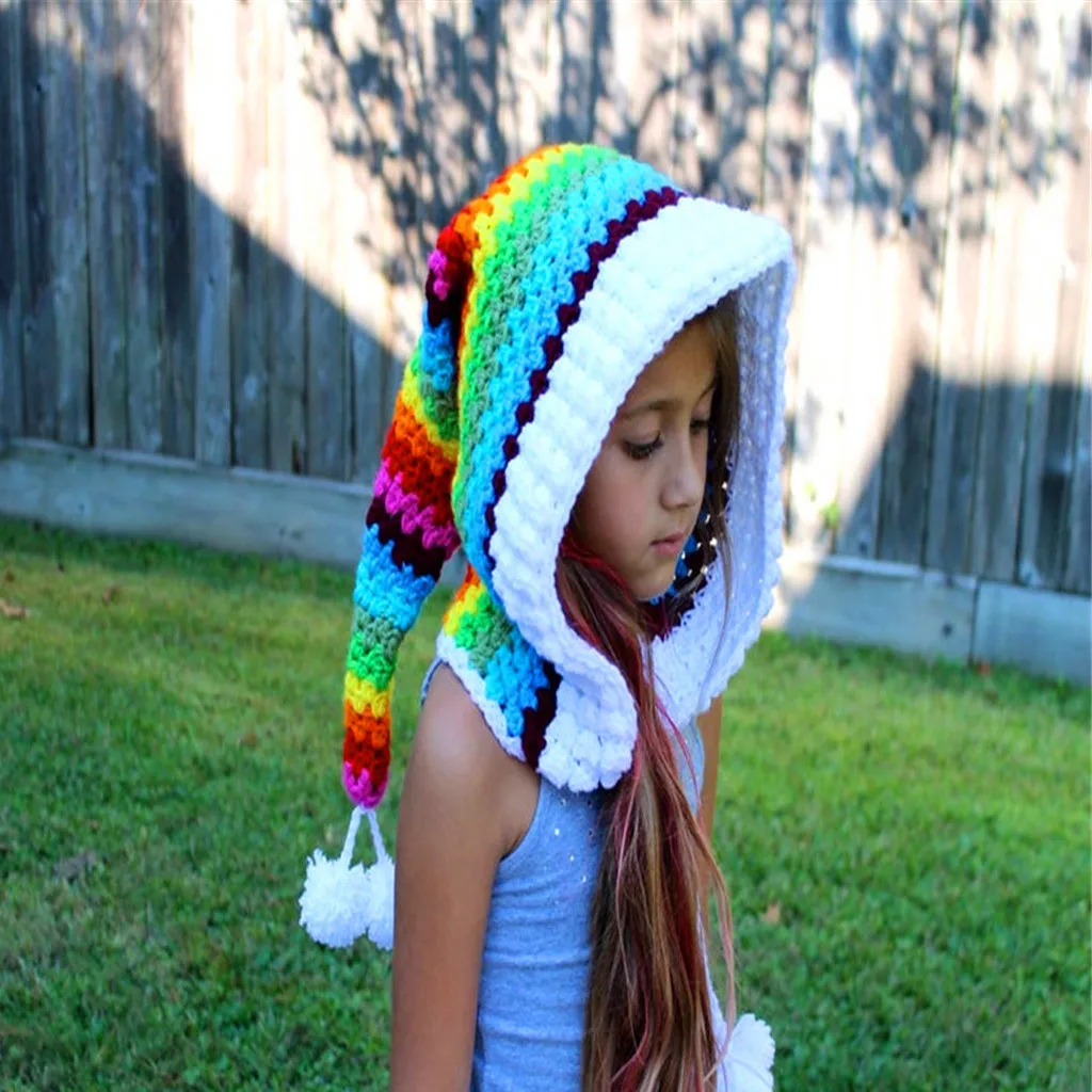 Keep Warm Christmas Winter Thickening Children Hat Crochet Rainbow Long Tail Knit Hat Fleece Lined Headwear kids kawaii ski hat