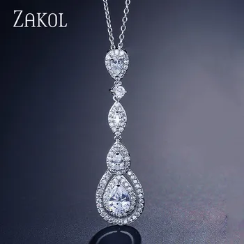 

ZAKOL Luxury Water Drop Pear Cubic Zircon Long Pendant & Necklaces for Elegant Women Bridal Wedding Jewelry Dress FSNP2038