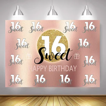 

Sweet 16th Birthday Party Background for Children Rose Gold Sixteen Birthday Dessert Table Pink Backdrop Decoration Photography