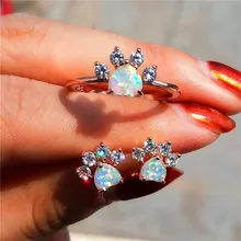 Female Cute Cat Paw Bridal Set White Opal Heart Stone Ring Stud Earrings For Women Vintage Fashion Rose Gold Animal Jewelry Sets