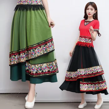 

mujer faldas Long black skirts womens 2020 autumn spring ethnic boho design long green midi skirt act dancing performance skirt