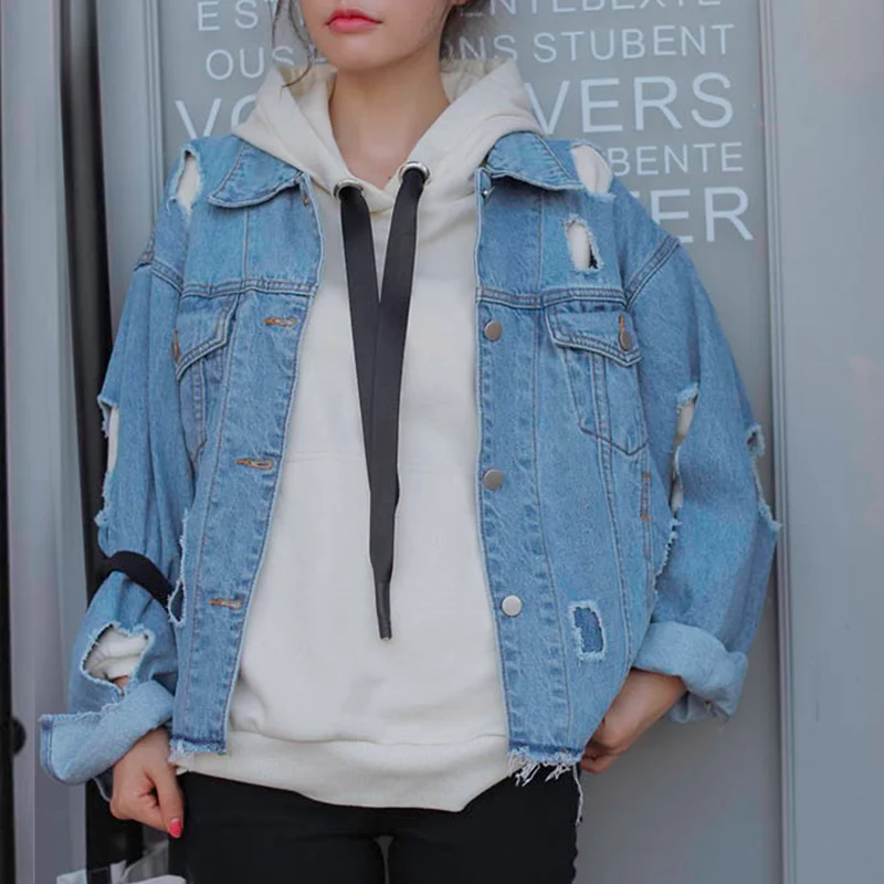 

Fashion Female Shredded Denim Jacket Light Blue Loose Casual Spring Autumn New Solid Color Denim Outwear Simple Versatile Jacket