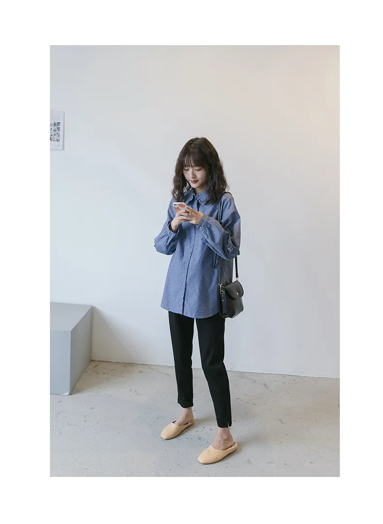 Maternity Long Sleeve Solid Color Cowboy Blouse Elegant SpringAutumn Pregnant Women Loose Shirts Single-Breasted Pregnancy Tops