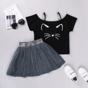 

Girls Clothing Set 2020 New Summer Kids Girl Clothes Short Sleeve Cat Cartton Top and Skirt 2 Pcs Sweet Girl Dress Fall Outfit