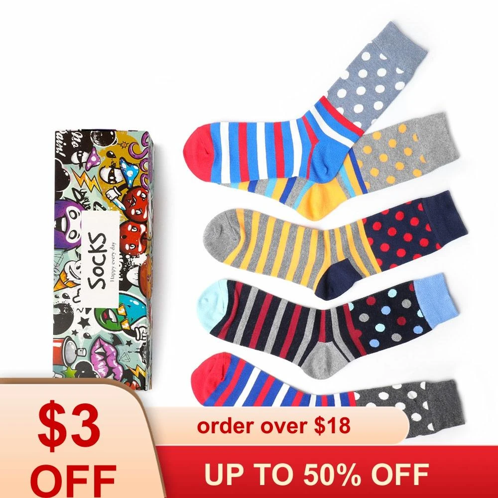 を Seebest メンズクルーハッピーソックスドットストリップ夫クール愚かなみんな意味 Funnt ノベルティクレイジー誕生日プレゼントボックス 5 ペアパック Men S Socks Aliexpress
