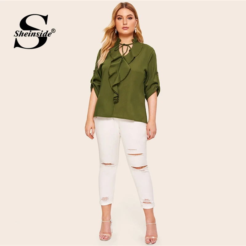 Kaufen Sheinside Plus Größe Casual Armee Grün Lace Up V ausschnitt Bluse Frauen 2019 Herbst Roll Up Sleeve Blusen Damen Rüschen trim Top