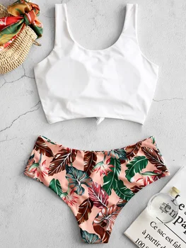

Tankini Tropical Leaf Knotted Bikini Set Wire Free Padded Swim Suit Crop Top Triangle shorts Beach Women Summer Swimwear