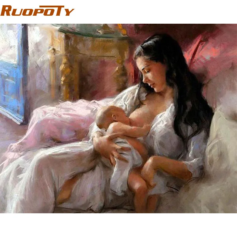 RUOPOTY рамка Mother Love DIY Краска по номерам 40X50 см винтажный Набор для рисования ручная краска ed Акриловая Краска на холсте для домашнего декора