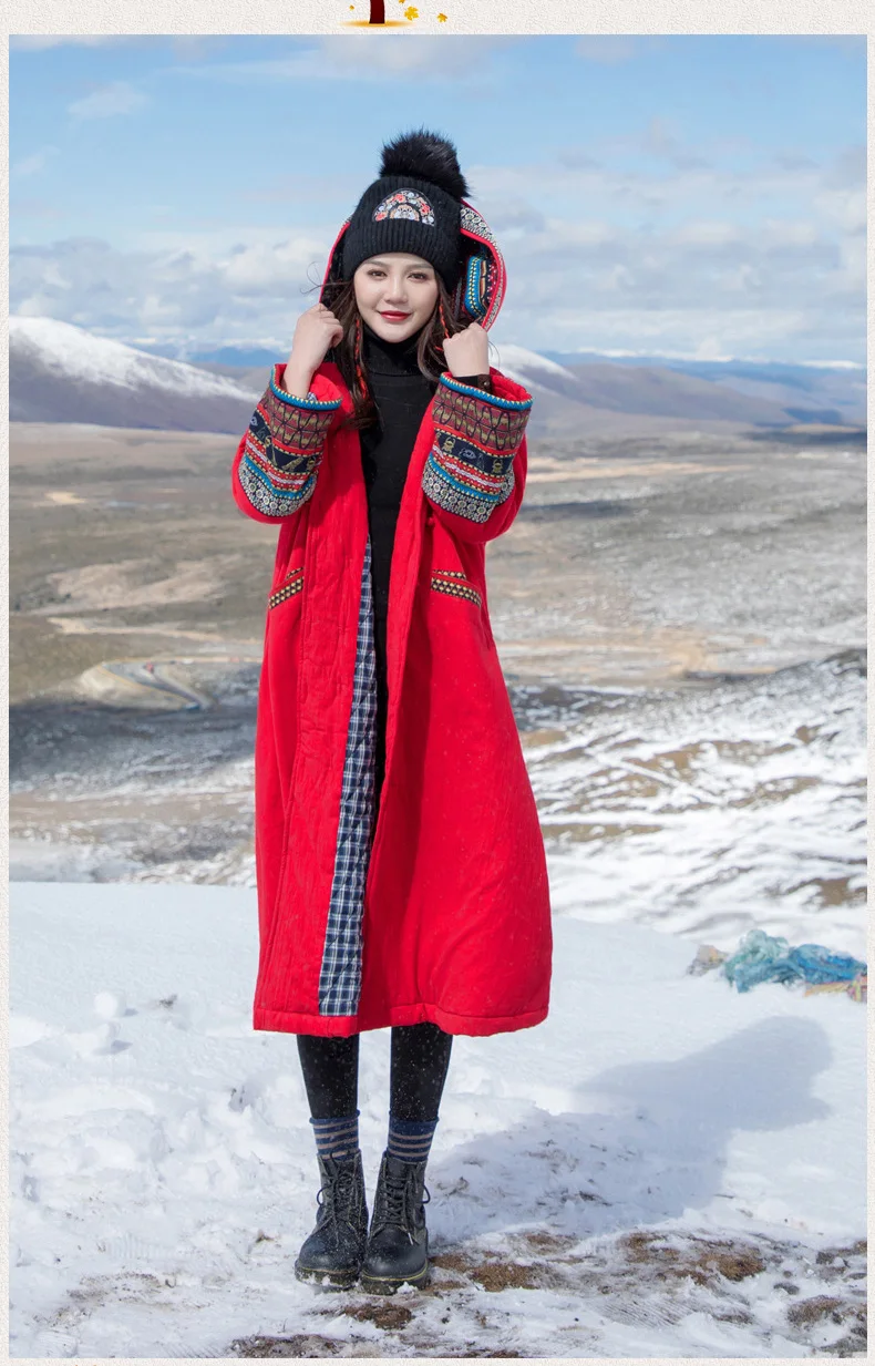 Women Cotton Linen Parkas Hooded Vintage Coats Print Floral Winter Button Warm Long Sleeve Chinese Style Parkas