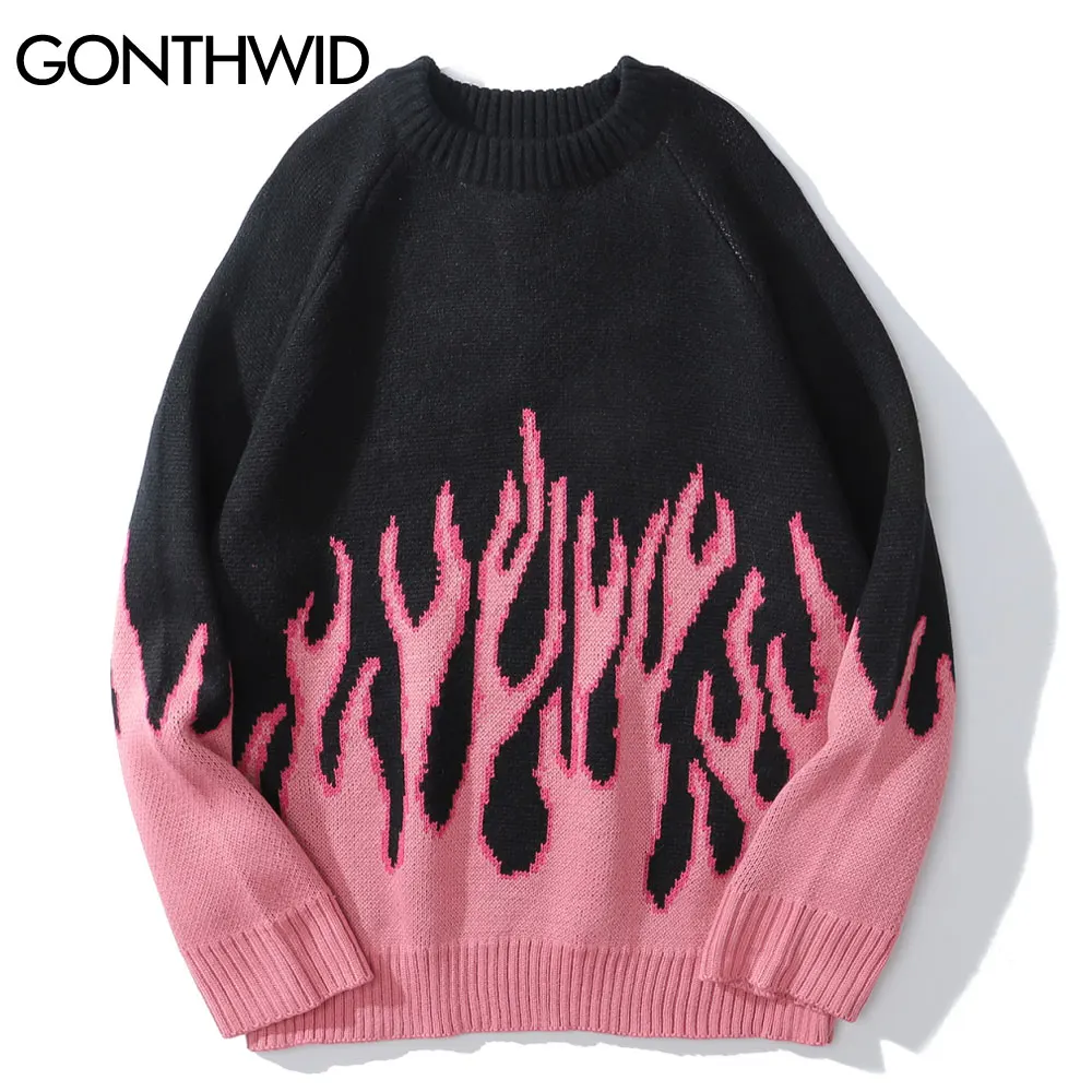 GONTHWID Hip Hop Sweaters Fire Flame Knitted Sweater Jumpers Streetwear Harajuku 2020 Mens Fashion Casual Pullover Tops Coats