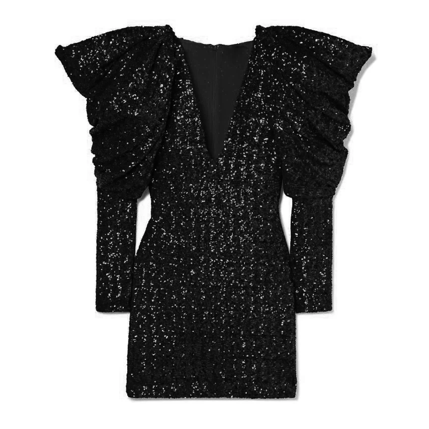 [LIVIVIO] блестящее сексуальное платье трапециевидной формы с v-образным вырезом и пышным длинным рукавом женские Клубные мини-платья Женская мода - Цвет: Черный