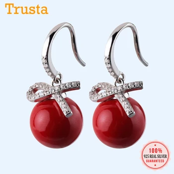 

Trusta 2019 100% 925 Solid Real Sterling Silver Bowknot CZ Synthesis Pearl Dangle Earrings Women Girl Fine Silver Jewelry DA04