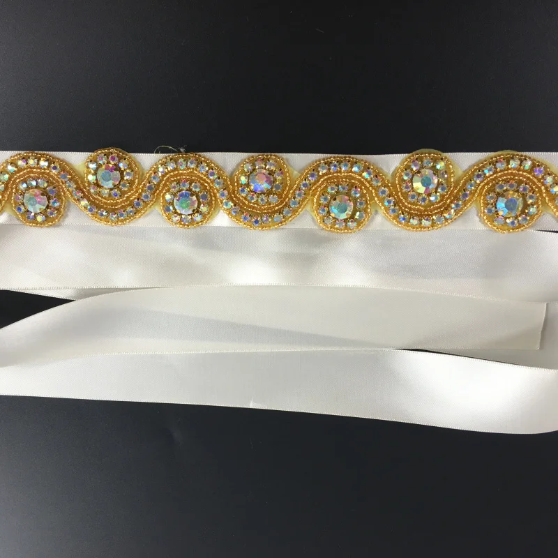 Vintage Style Gold Beads Rhinestone Ribbon Bridal Wedding Dress Belt Bridal Sash