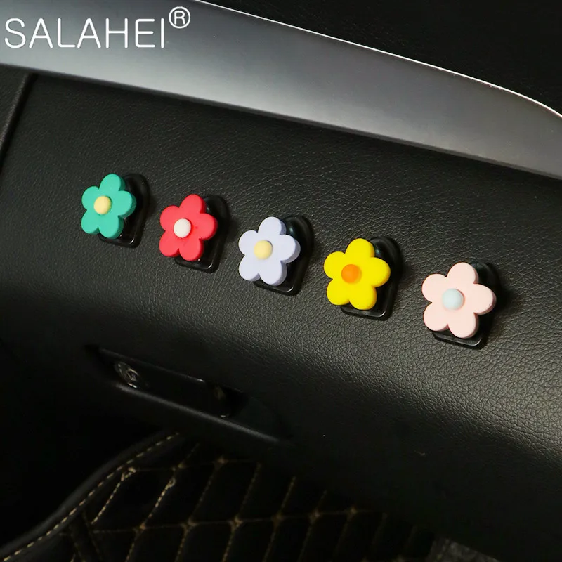 Storage Decoration Hook USB Cable Headphone Key 5 Color Cute Sunshine Little Flowers Car Universal 2PC Mini Hanger Adhesive Hook