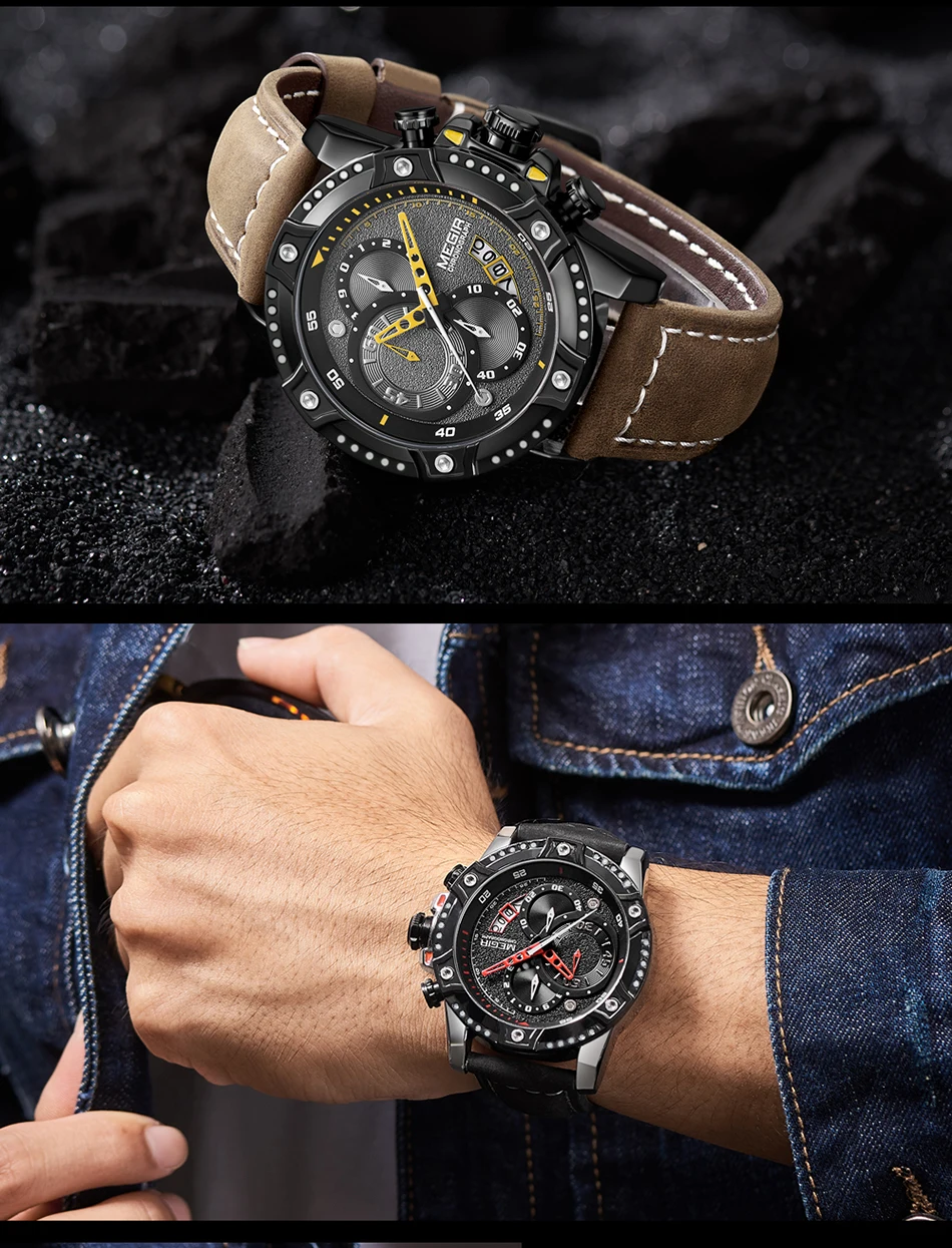Часы megir Лидирующий бренд мужские спортивные кварцевые часы мужские s Модные кожаные хронограф водонепроницаемые наручные часы Relogio Masculino