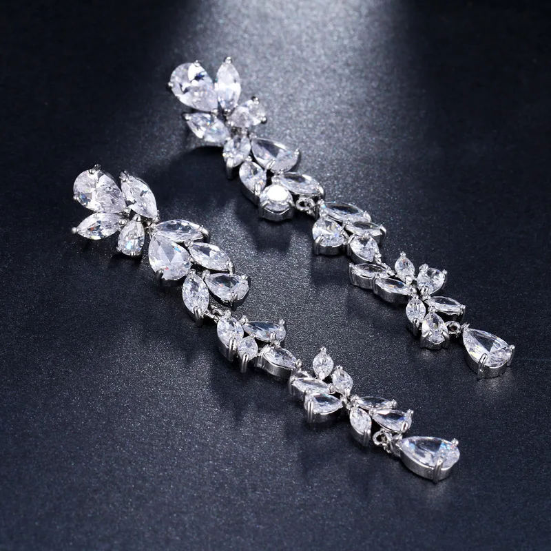 Flower Cubic Zirconia Long Dangle Tassel Earrings For Women Trendy Crystal Female Bridal Wedding Jewelry dangle earrings,crystal earrings,crystal tassel earrings
