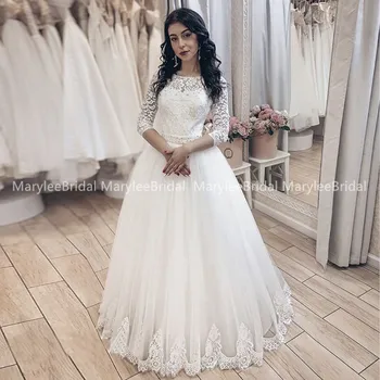 

White Bohemia Wedding Dress With 3/4 Sleeves Beaded Sash Sheer Lace Top Tulle Skirt A Line Long Beach Dresses Bridal For Women