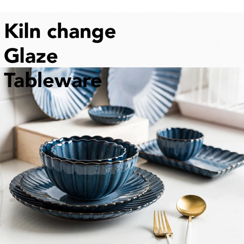 KINGLANG Nordic Ceramic Bowl Klin Glaze Retro Ceramic Rice Bowl Rectangle Sushi Dish Household Plate