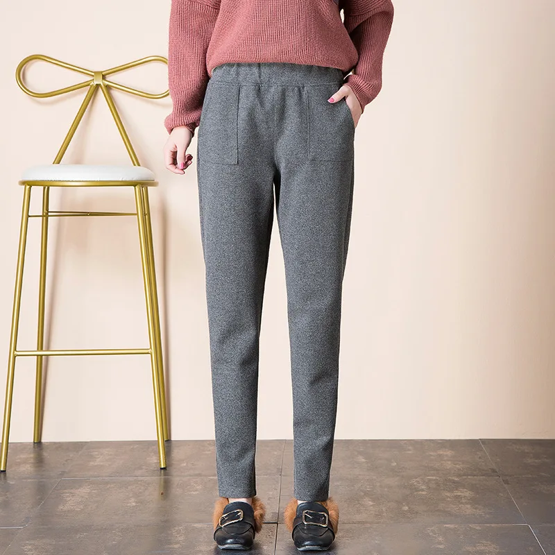 

2020 Autumn Winter Pants Women Black Gray Plus Size Warm Office Trousers Casual Solid Pocket High Elastic Harem Pants