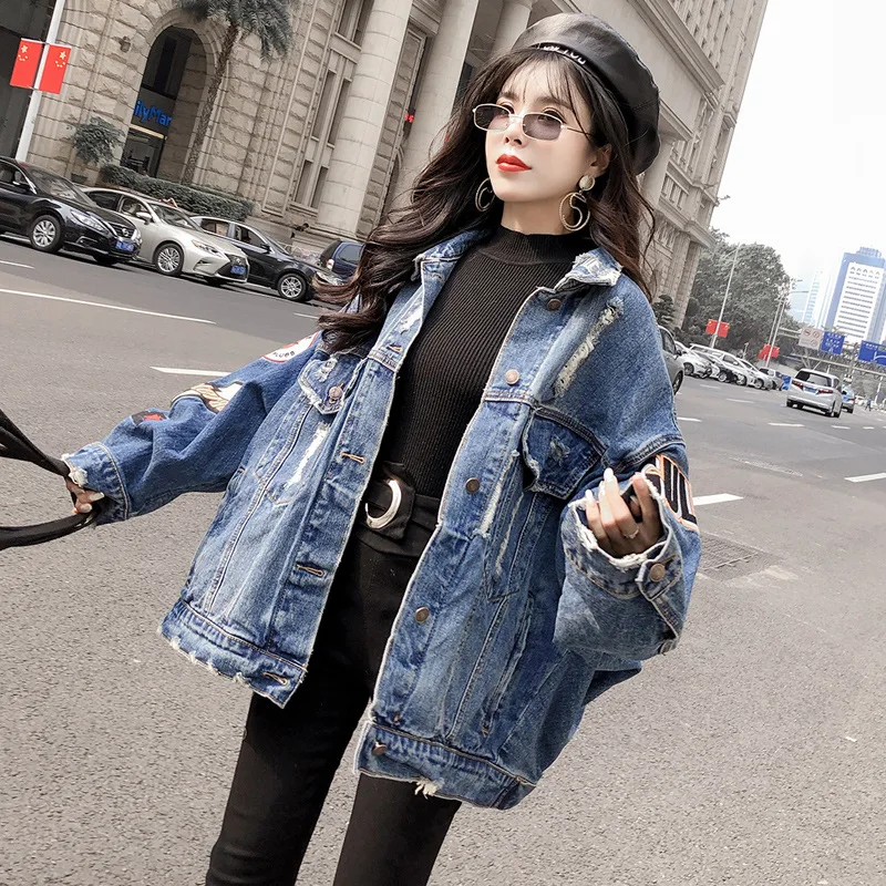 price reduction 2019 Harajuk Loose Denim Jacket Women Embroidery Jeans Coat Hip Hop Hole Single Breasted Jeans Jack