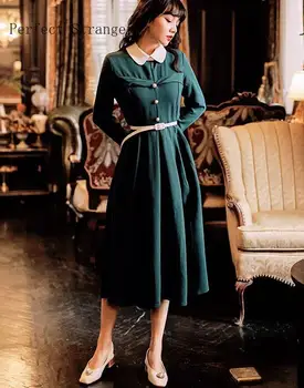 

High Quality 2019 Autumn Winter New Arrival Retro Peter Pan Collar Woman Long Dress With Belt