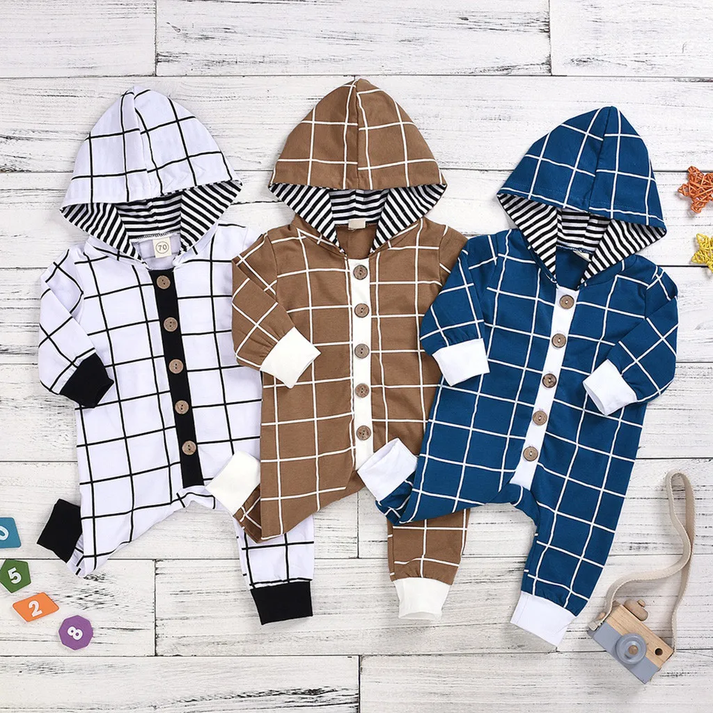 

Baby Boy Rompers Hooded Infantil Roupa Gentle Newborn Girls Clothes Plaid Autumn Overalls Long Sleeve Buttons Infant Costume#F20