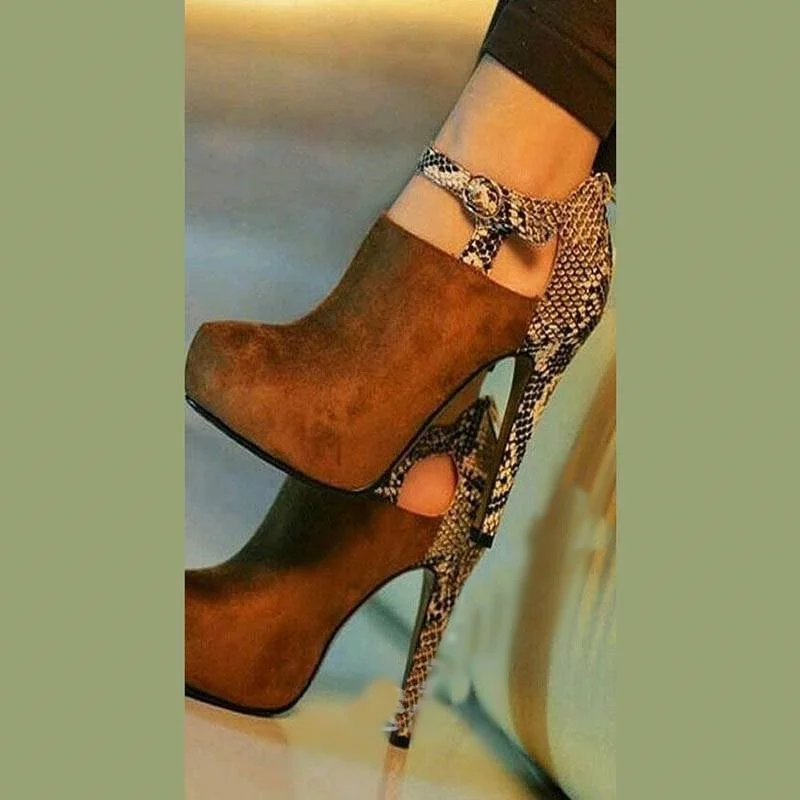 Flock Serpentine Boots Metal Buckles Leopard Print Fall Ankle Classic Brown Round Toe Hgih Heels Stiletto snake skin Shoes | Обувь