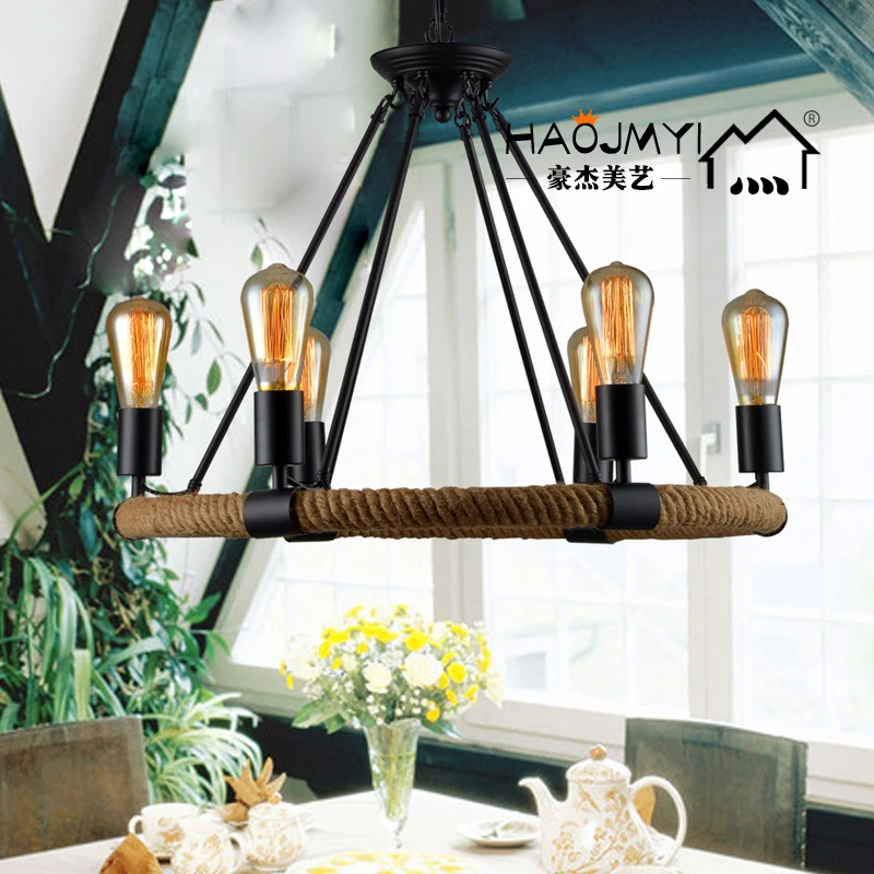 

Designer Loft North European Style Retro Coffee Rural Hall Bar Iron Rope Chandelier Lamp lustre pendente