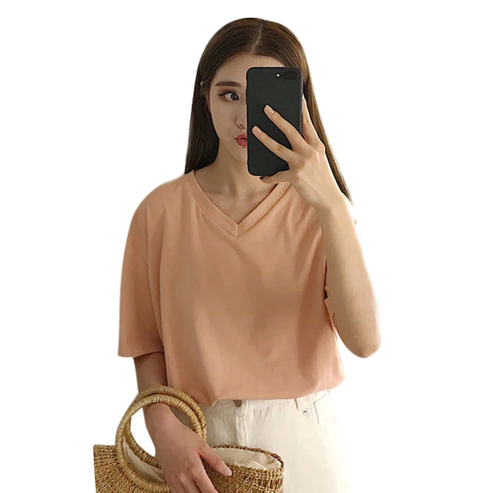 V Neck Хлопок, лен, шикарный женский топ, летняя Минималистичная футболка, свободная однотонная, круглый вырез, короткий рукав, тонкий, для студентов, школьные Топы - Цвет: V Neck