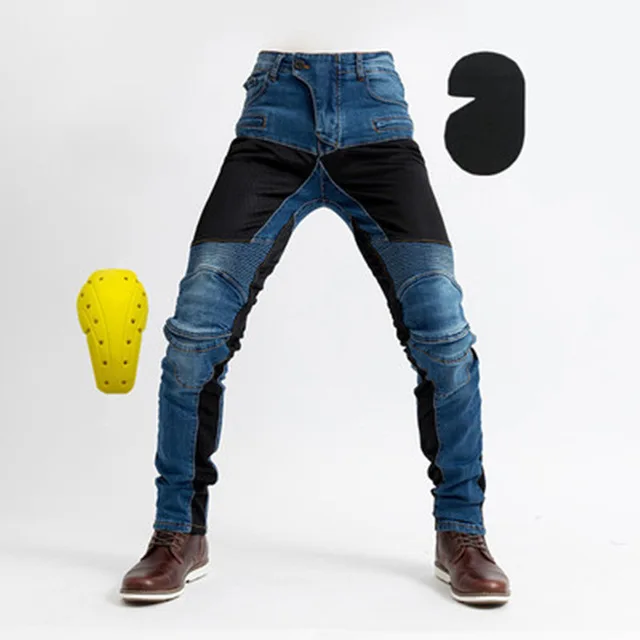 Мото-брюки мужские летние мотоциклетные джинсы защитные штаны джинсы для мотокросса с наколенниками - Цвет: Blue