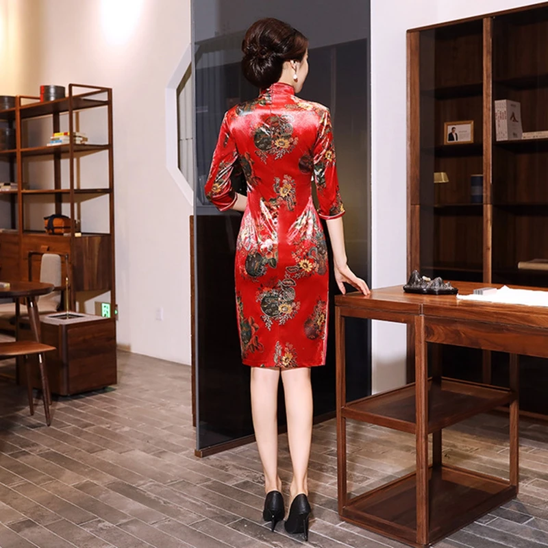 XL элегантный Улучшенный модный короткий рукав cheongsam с золотым бархатным принтом cheongsam женская Ретро короткая юбка