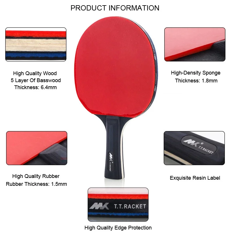 2Pcs/Lot Table Tennis Bat Racket Good Control Long Short Handle Ping Pong  Paddle Racket Set With Bag