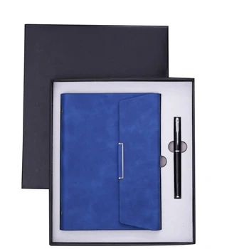 

Blue Notebook A5 Leather Case Binder Can Fill the Notebook, 4 Business Card Pockets with Pen Clip, Stone Buckle, Pen