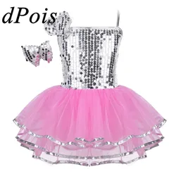 Kids Girls Sequined Jazz Dancewear Costume Gymnastics Leotard Modern Contemporary Dance Performing Clothes Children Ballet Dress