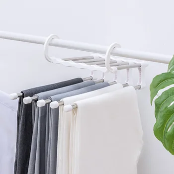

5-in-1 Stainless Steel Magic Pants Rack Multi-function Folding Multi-layer Storage Rack White Home Garden