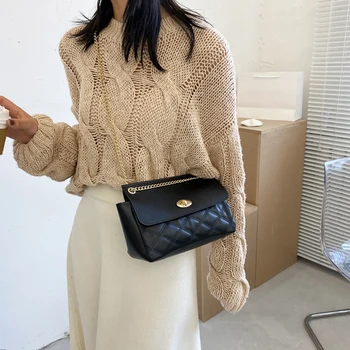 

Fashion Solid Color Lattice Pattern Crossbody Handbag Women PU Leather Chain Casual Shoulder Flap Purse Female Messenger Bag