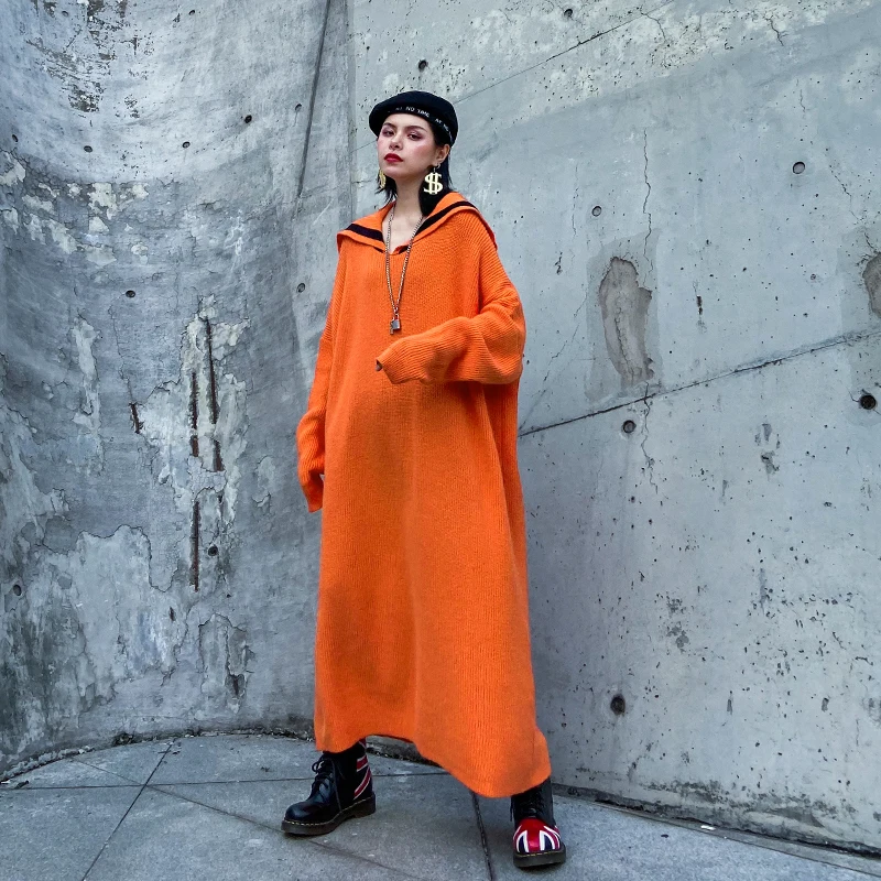 [EAM] женское оранжевое платье в полоску большого размера, длинное вязаное платье, новинка, с отворотом, длинный рукав, свободный крой, мода, весна-осень, 19A-a221