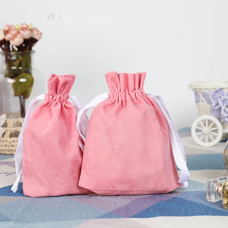 10pcs/lot Sweet Pink/Grey Thicken Velvet Drawstring Bags Pouches Christmas Wedding Jewelry Candy Party Gift Display Packing Bags