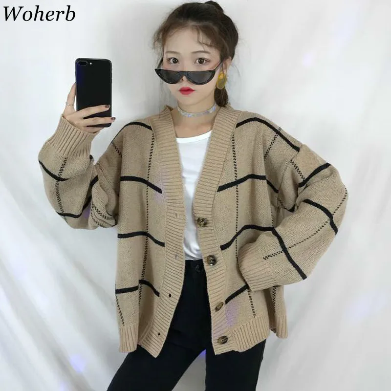 Woherb, винтажный клетчатый кардиган, v-образный вырез, длинный рукав, свитер для женщин, однобортный, свободный, трикотаж, топы, корейская мода, новинка 91148