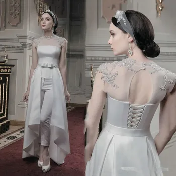 

Cap Sleeve Wedding Jumpsuit with Train 2020 Lace Chiffon Vintage Lace-up Back Holiday Beach Outdoor Bride dress With Pant Suit