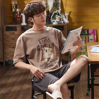 

Casual and comfortable pajamas short-sleeved shorts spring and autumn men's cotton men's thin two-piece suit L-3XL home service